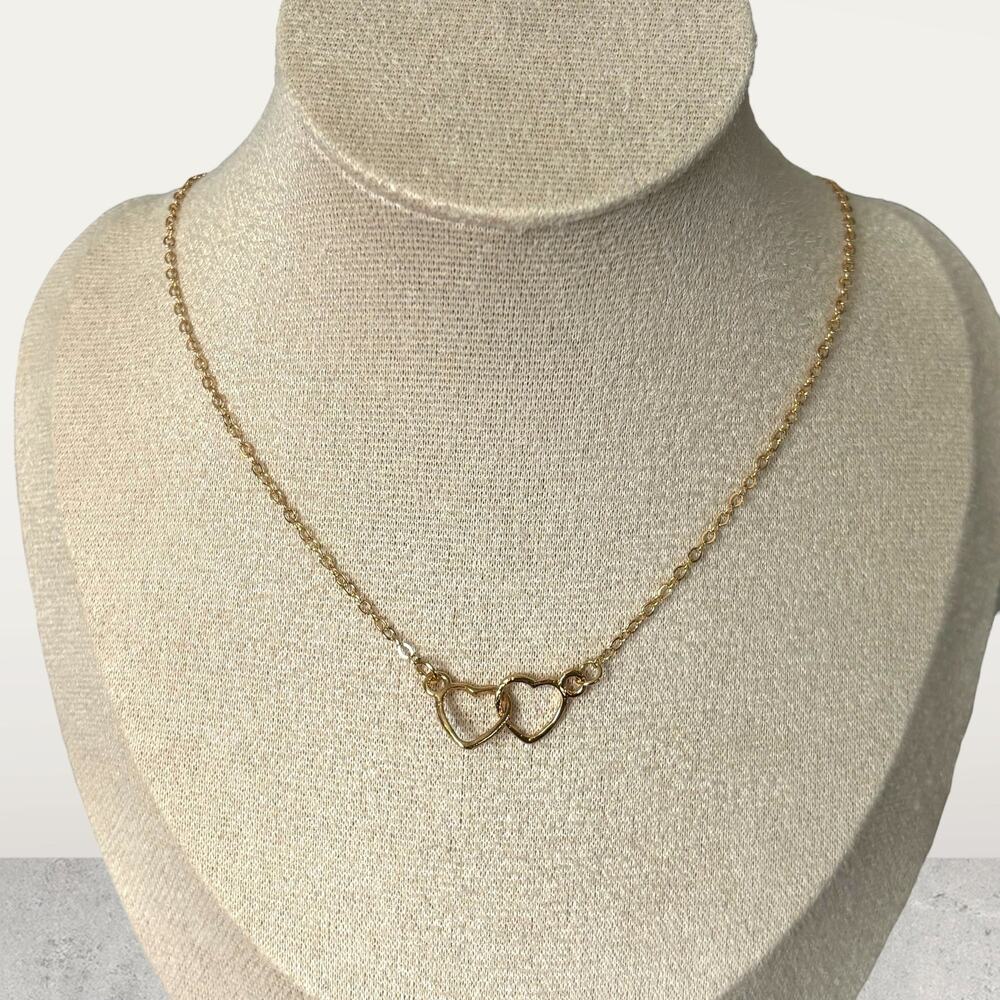 Small Two Heart Pendant Gold Necklace